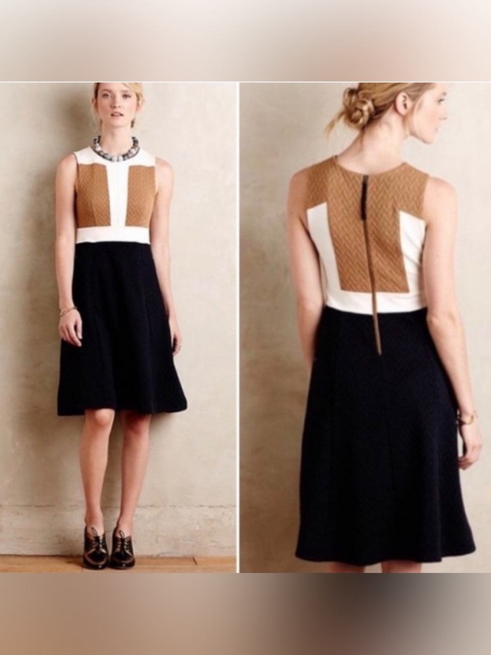 Anthropologie Maeve Color Block Tan & Blue Cable Knit Sweater Dres, Size 12